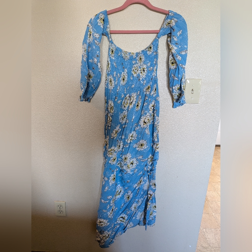Rebellion Again Blue Floral Sunflower Maxi Dress with Puff Sleeves